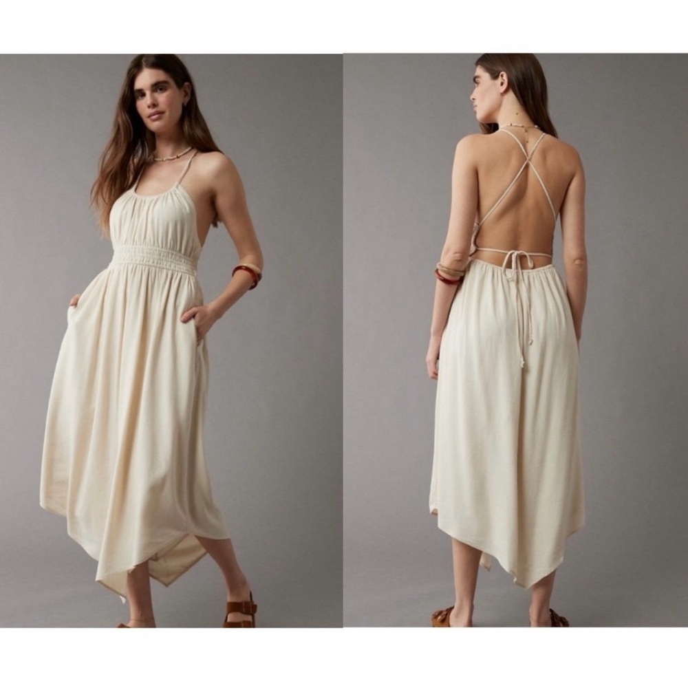 American Eagle Halter Open Back Handkerchief Hem Midi Dress Cream NWT Large
